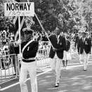 Crown Prince Harald carries the Norwegian flag at the opening ceremony in the 1964 Tokyo Olympics (Photo: Scanpix)